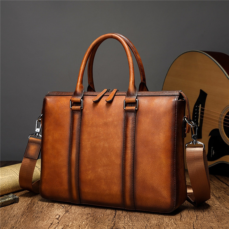 Leather Work Handbags - YETTIES Business Top Grain Leather Briefcase